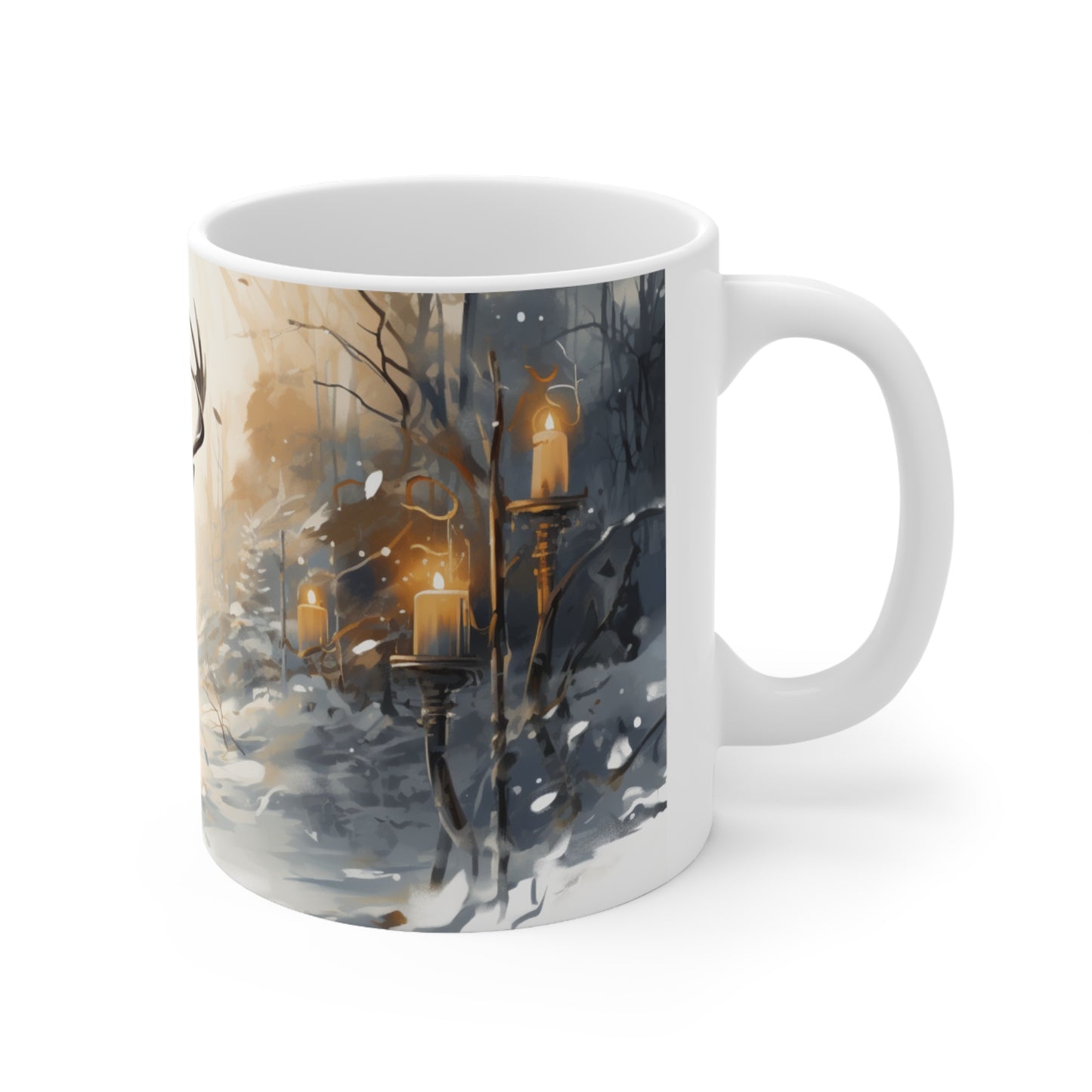 Deer in Winter Forest Ceramic Coffee Cup - Imbolc Mug Inspired by Brigid Festival of the Seasons