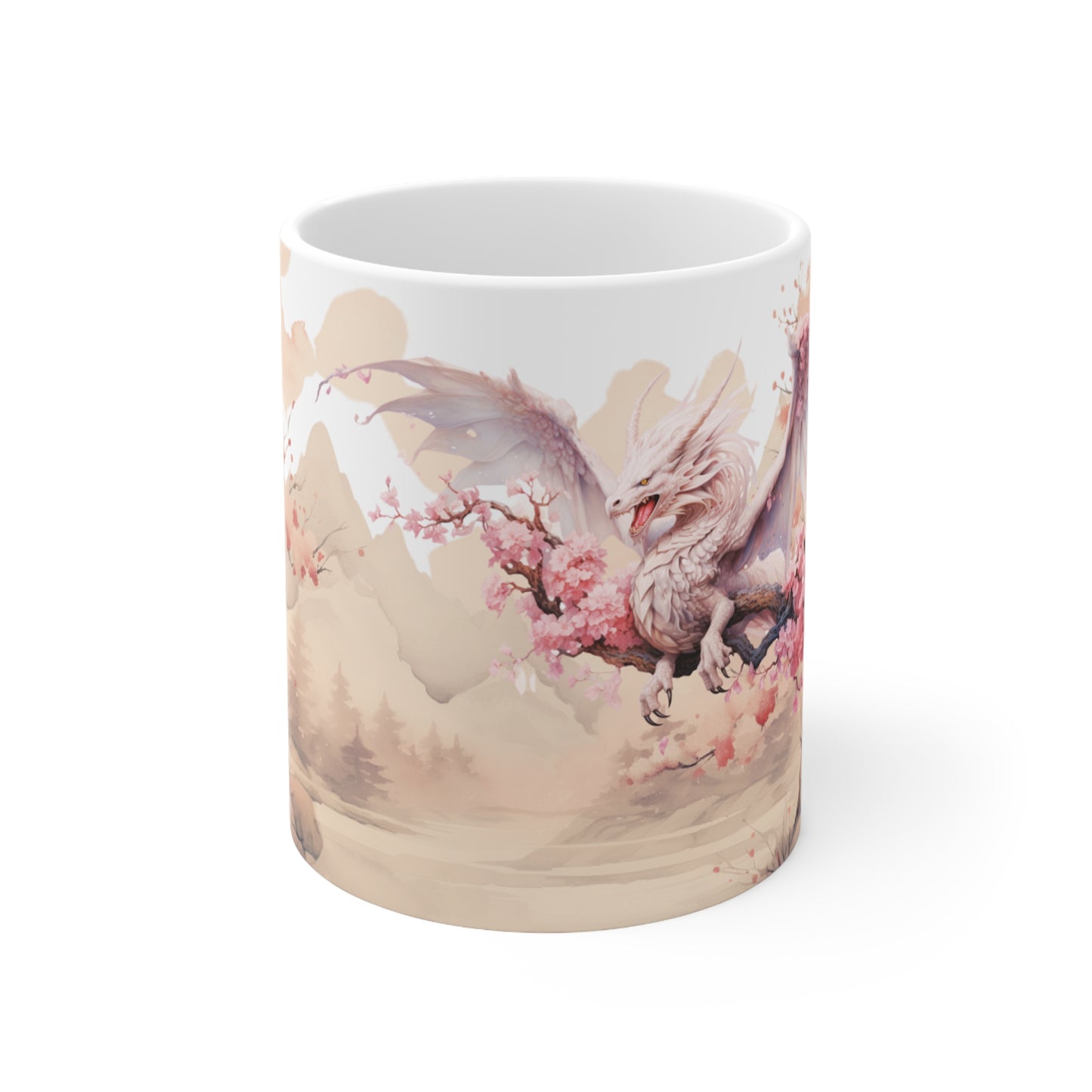 Cherry Blossom Wood Dragon Ceramic Coffee Cup - Lunar New Year Mug for Enchanting Mornings & Mystical Evenings