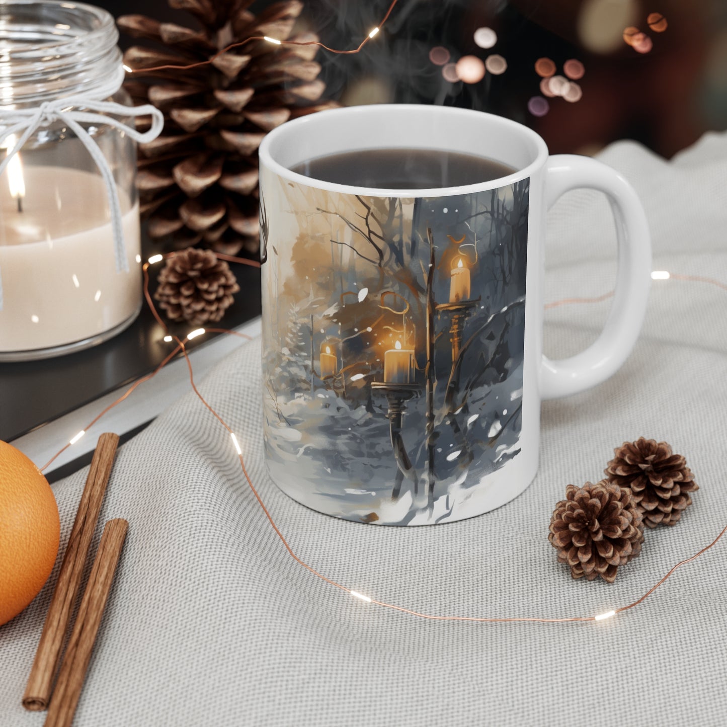 Deer in Winter Forest Ceramic Coffee Cup - Imbolc Mug Inspired by Brigid Festival of the Seasons