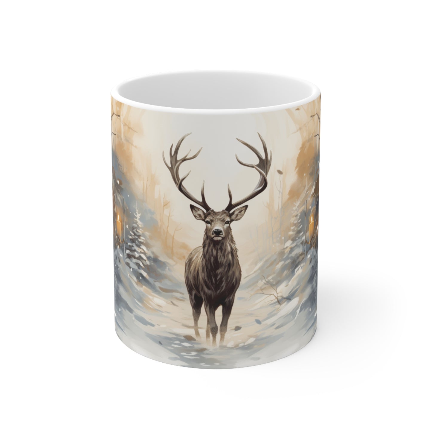 Deer in Winter Forest Ceramic Coffee Cup - Imbolc Mug Inspired by Brigid Festival of the Seasons