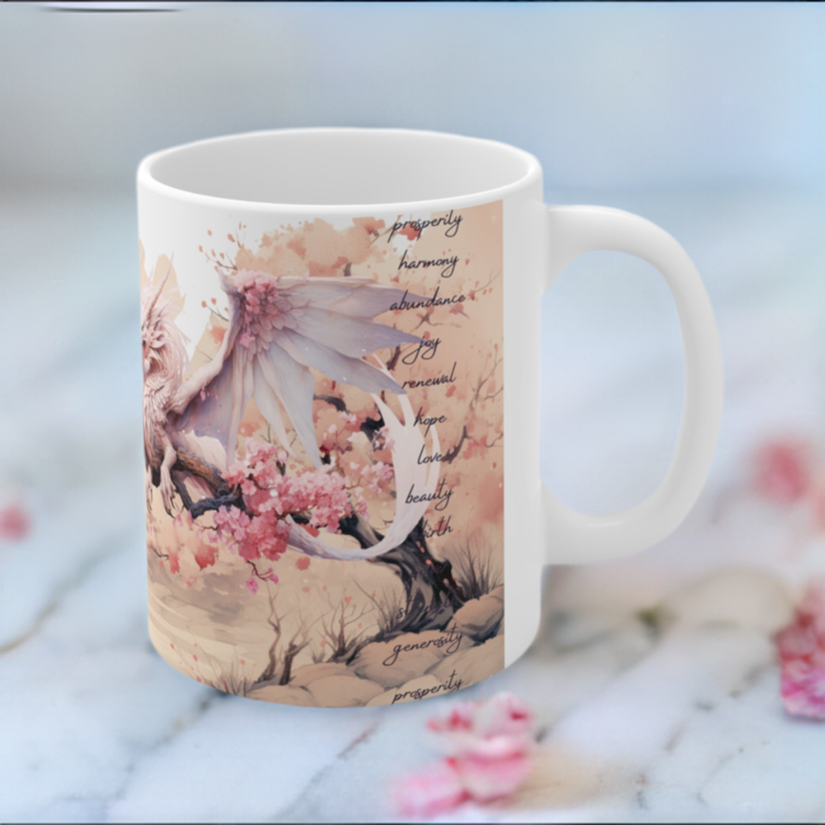 Cherry Blossom Wood Dragon Ceramic Coffee Cup - Lunar New Year Mug for Enchanting Mornings & Mystical Evenings