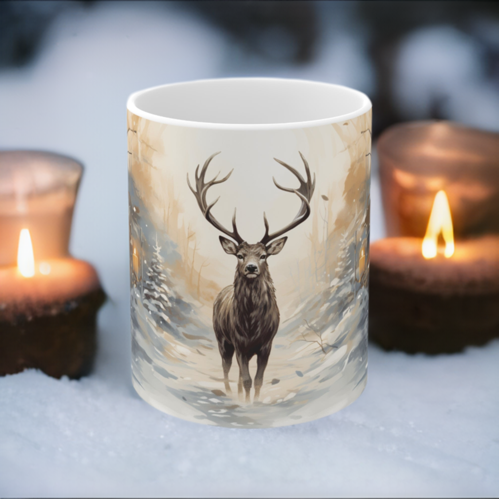 Deer in Winter Forest Ceramic Coffee Cup - Imbolc Mug Inspired by Brigid Festival of the Seasons