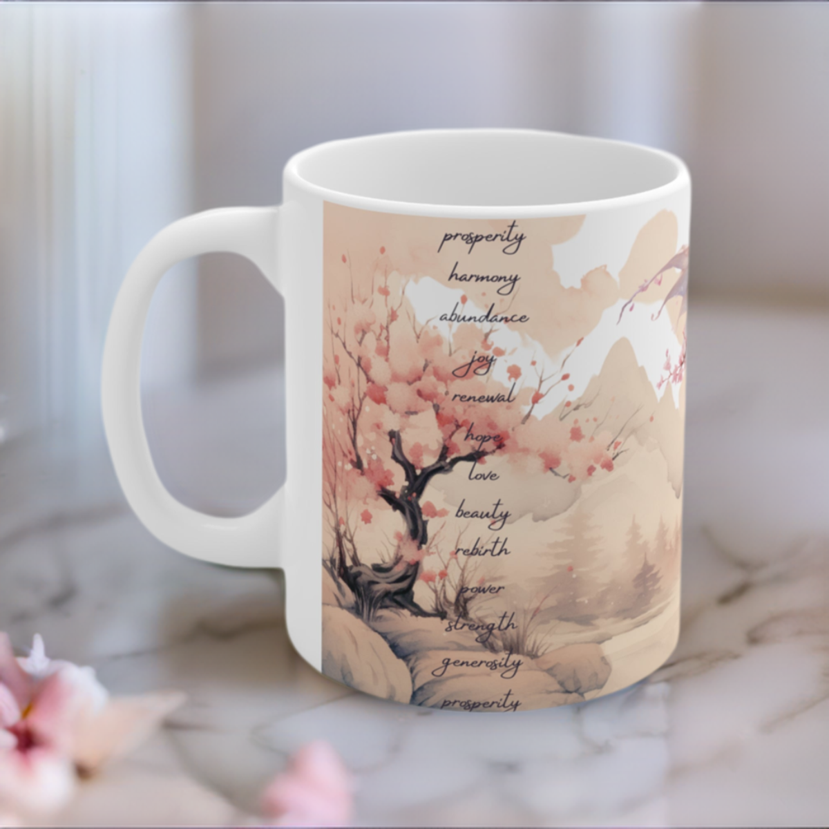 Cherry Blossom Wood Dragon Ceramic Coffee Cup - Lunar New Year Mug for Enchanting Mornings & Mystical Evenings