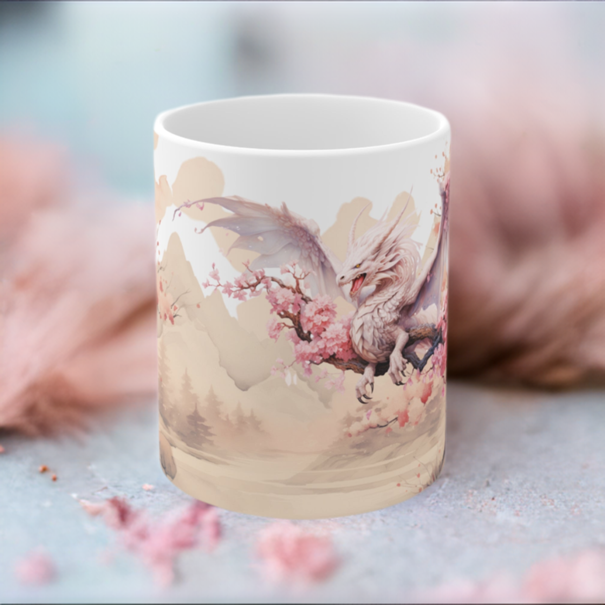 Cherry Blossom Wood Dragon Ceramic Coffee Cup - Lunar New Year Mug for Enchanting Mornings & Mystical Evenings