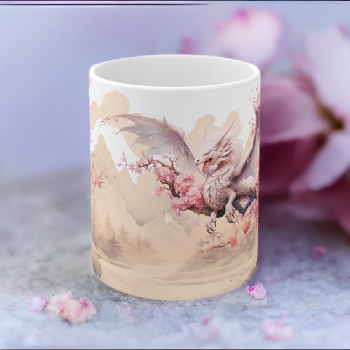 Cherry Blossom Wood Dragon Ceramic Coffee Cup - Lunar New Year Mug for Enchanting Mornings & Mystical Evenings