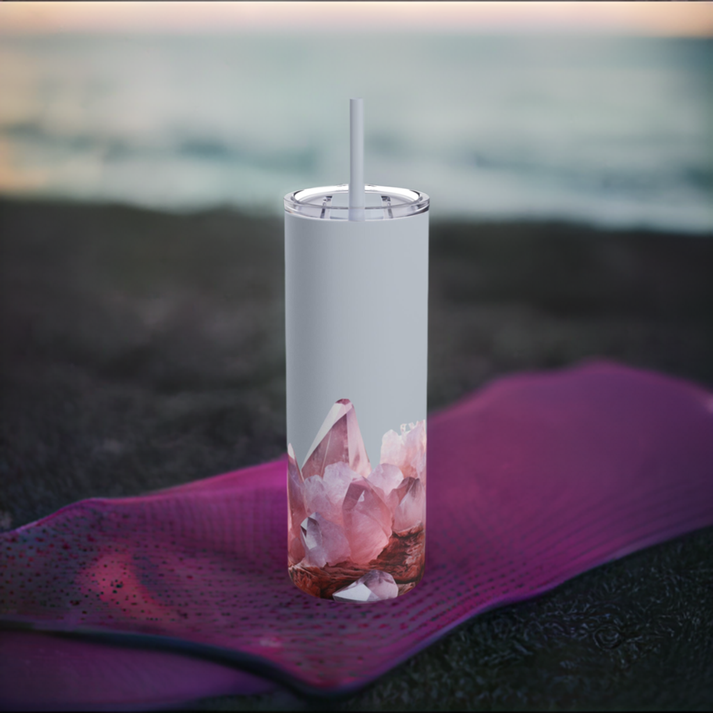 Rose Quartz and Sea Glass Crystal Birthstone Skinny Matte Yoga Workout Tumbler