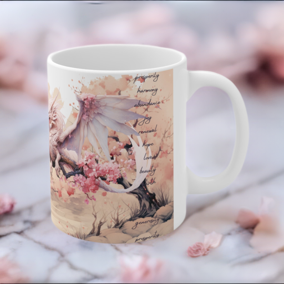 Cherry Blossom Wood Dragon Ceramic Coffee Cup - Lunar New Year Mug for Enchanting Mornings & Mystical Evenings