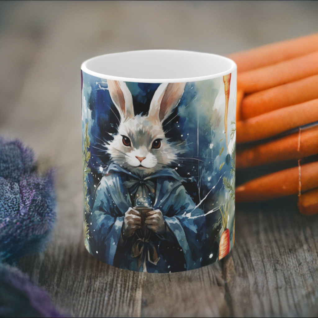 Mystical Bunny Sorcerer Carrot Ceramic Coffee Cup - Whimsical Rabbit Magic Mug for Enchanting Mornings