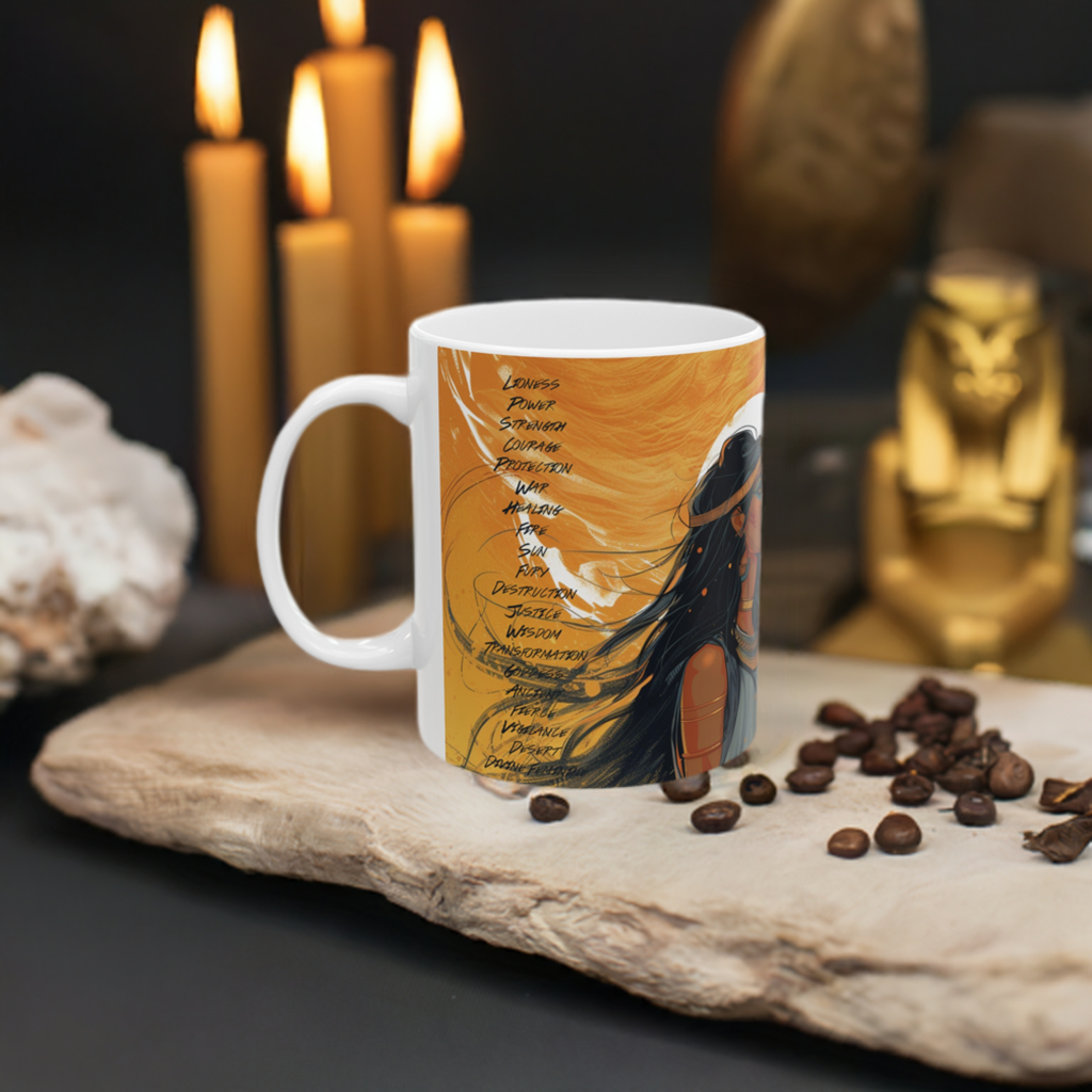 Inner Goddess Sekhmet Ceramic Coffee Cup - Goddess Mug Inspired by Ancient Egyptian Art Deco Style