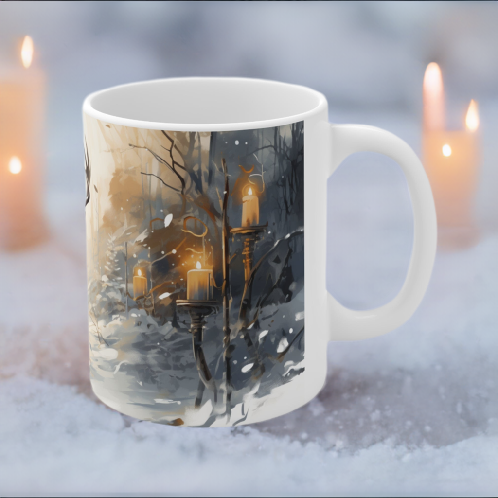 Deer in Winter Forest Ceramic Coffee Cup - Imbolc Mug Inspired by Brigid Festival of the Seasons