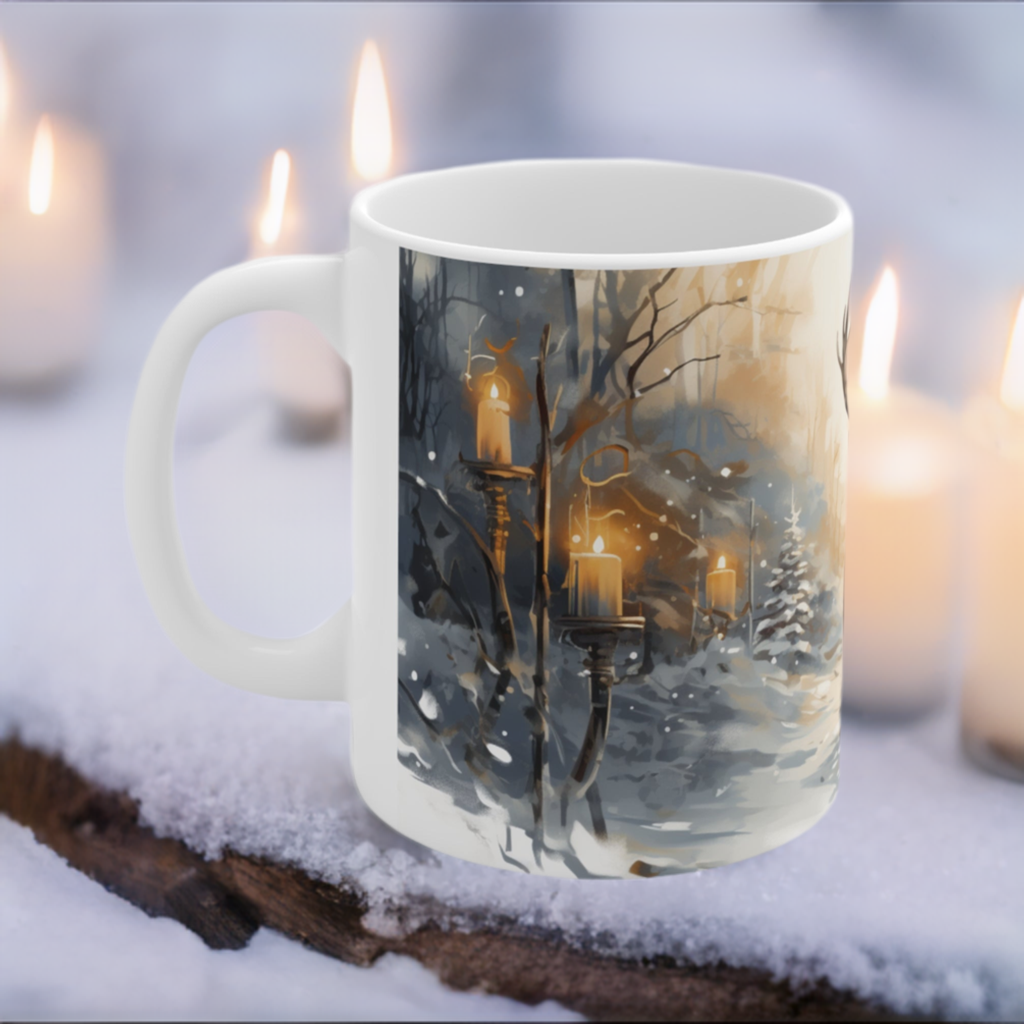 Deer in Winter Forest Ceramic Coffee Cup - Imbolc Mug Inspired by Brigid Festival of the Seasons